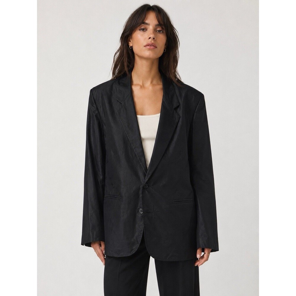 VTG 90s Black Silk Blazer Womens M Lightweight Lined Oversized ACF Career Office